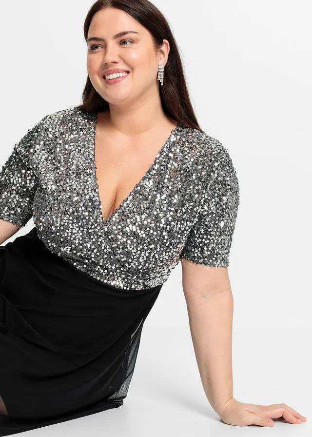 VESTIDO CON LENTEJUELAS PLATEADONEGRO