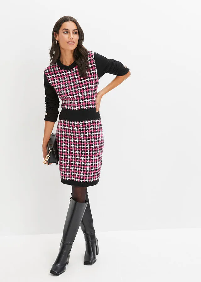 VESTIDO DE PUNTO CON BOTONES DECORATIVOS ROSANEGRO ESTAMPADO