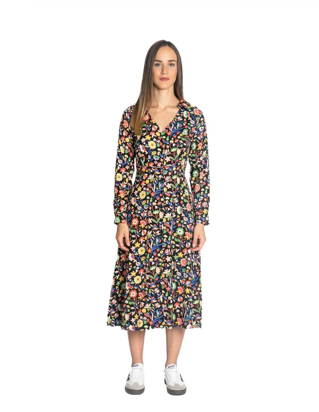 VESTIDO MIDI NEGRO ESTAMPADO FLORAL COMPAÑIA FANTASTICA