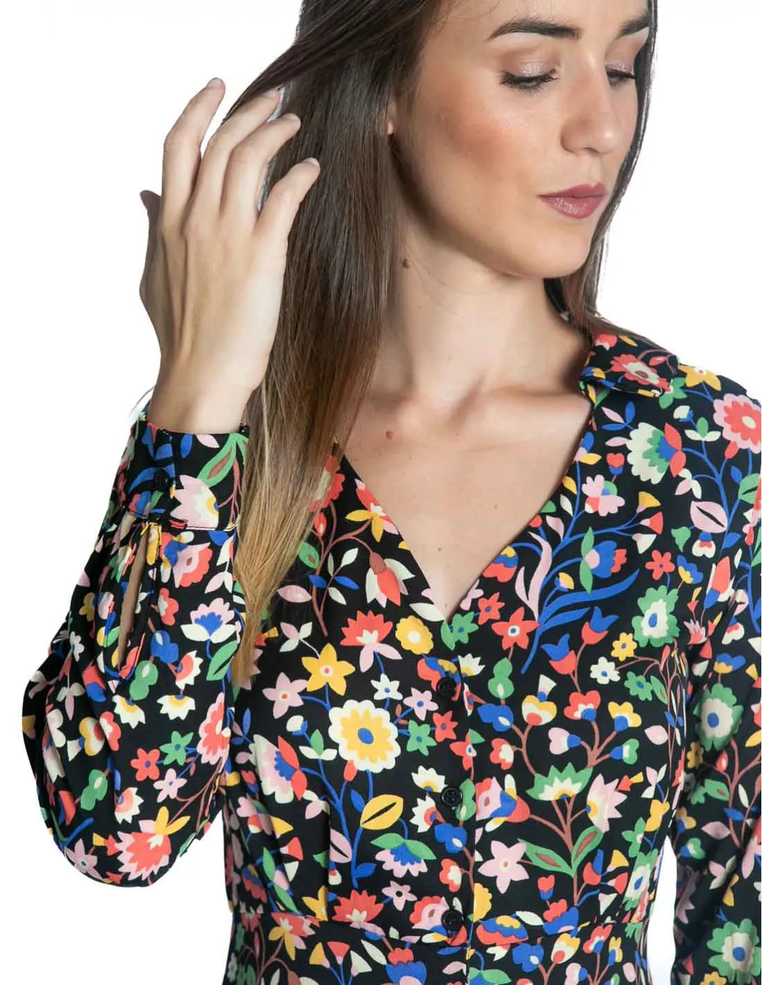 VESTIDO MIDI NEGRO ESTAMPADO FLORAL COMPAÑIA FANTASTICA