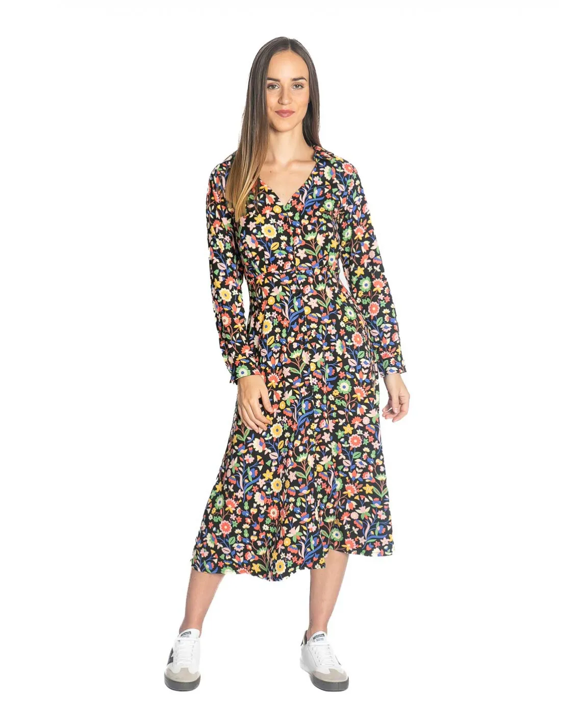 VESTIDO MIDI NEGRO ESTAMPADO FLORAL COMPAÑIA FANTASTICA