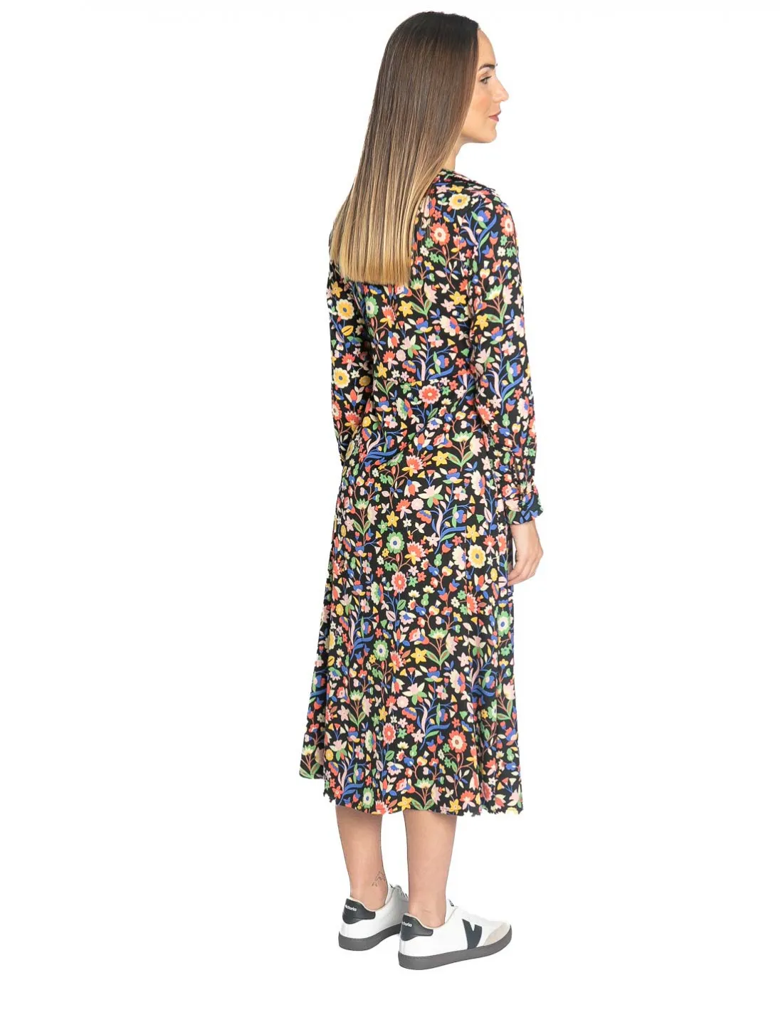 VESTIDO MIDI NEGRO ESTAMPADO FLORAL COMPAÑIA FANTASTICA
