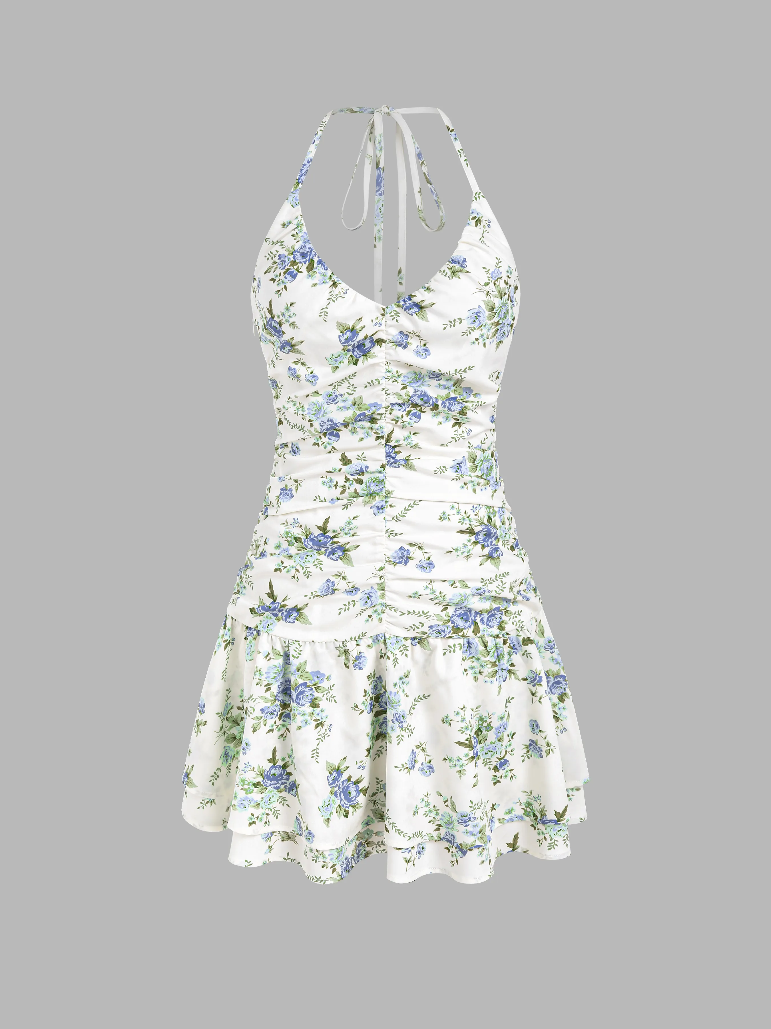 Vestido Mini con Volantes en el Dobladillo y Estampado Floral con Cuello en V y Halter