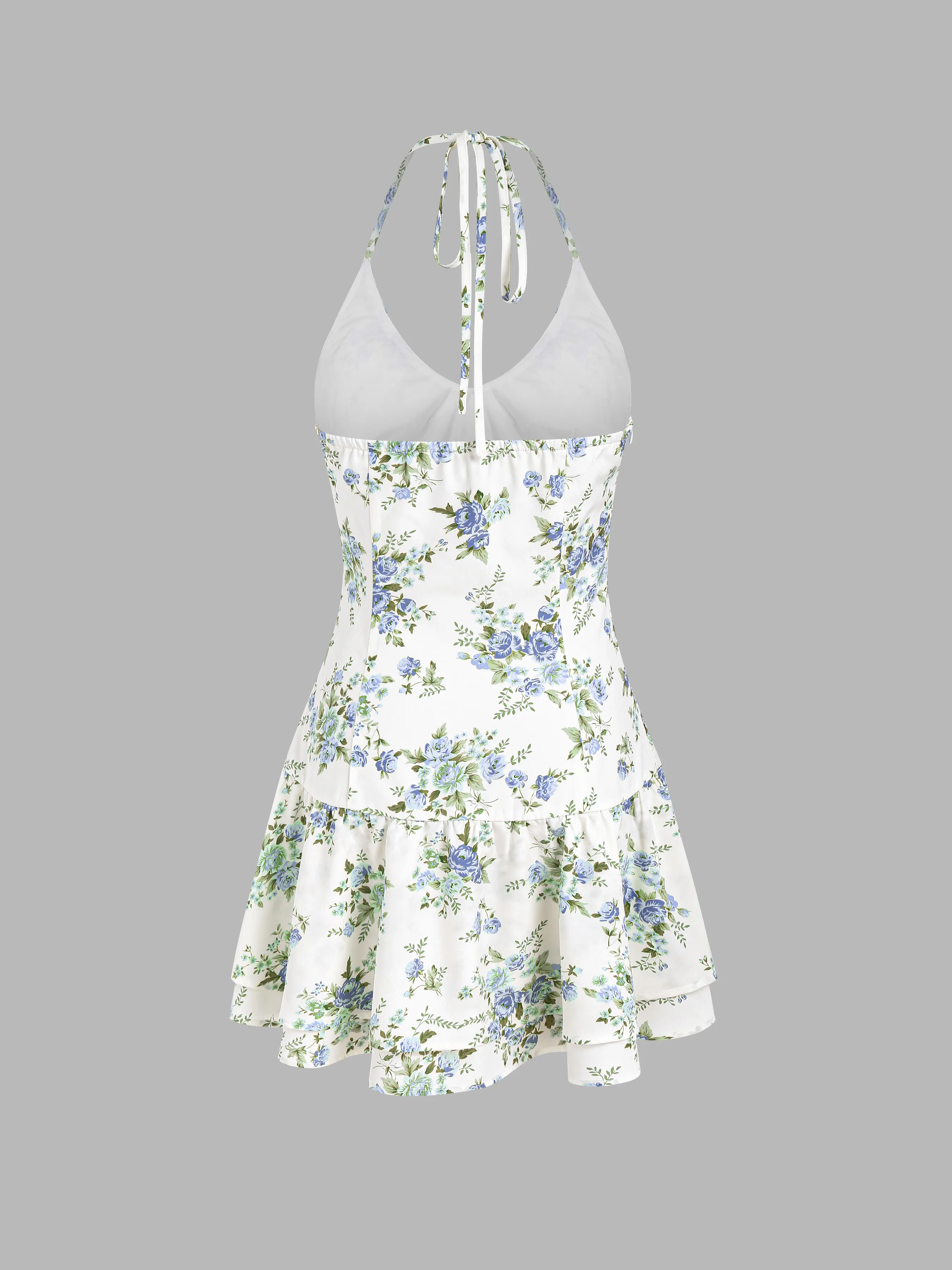 Vestido Mini con Volantes en el Dobladillo y Estampado Floral con Cuello en V y Halter