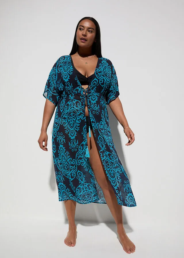 VESTIDO TIPO KIMONO DE GASA PARA LA PLAYA NEGROBLANCO