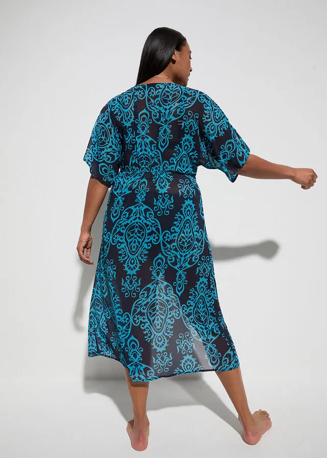 VESTIDO TIPO KIMONO DE GASA PARA LA PLAYA NEGROBLANCO