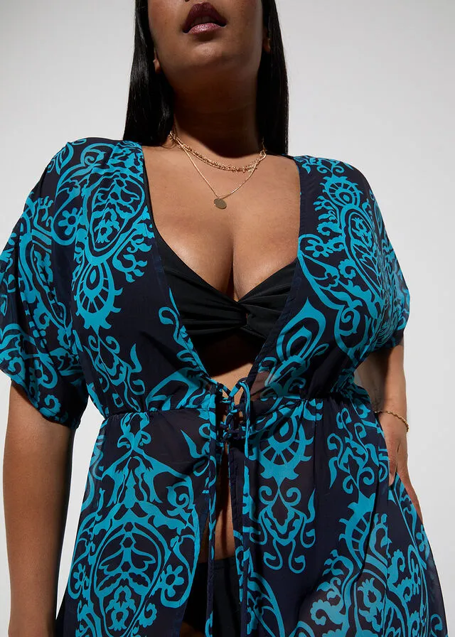 VESTIDO TIPO KIMONO DE GASA PARA LA PLAYA NEGROBLANCO