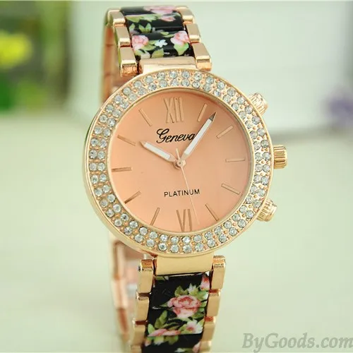 Vintage Noble Rhinestone Ceramic Metal Floral Watch