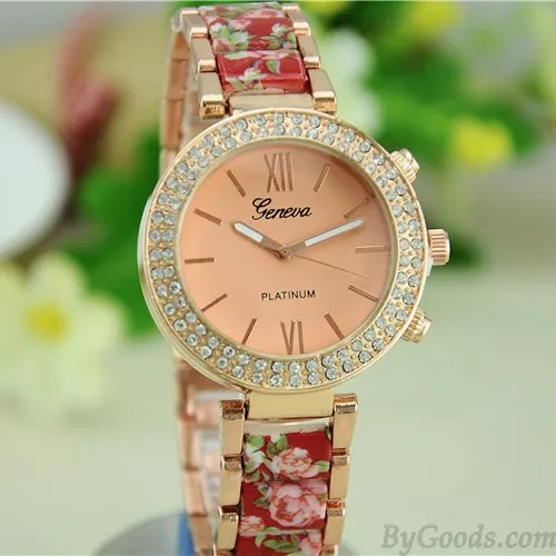 Vintage Noble Rhinestone Ceramic Metal Floral Watch