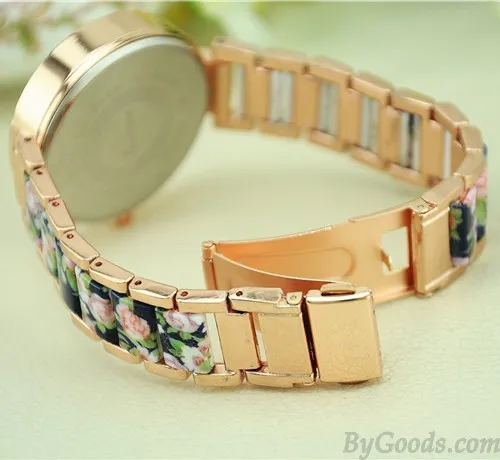 Vintage Noble Rhinestone Ceramic Metal Floral Watch