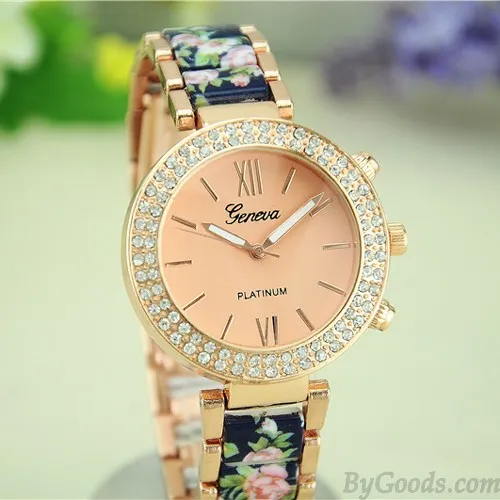 Vintage Noble Rhinestone Ceramic Metal Floral Watch