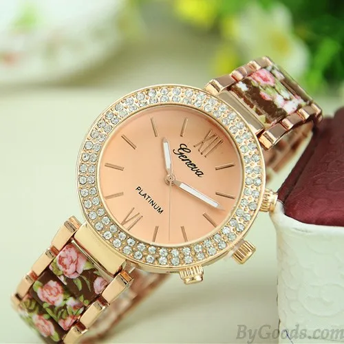 Vintage Noble Rhinestone Ceramic Metal Floral Watch