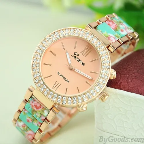 Vintage Noble Rhinestone Ceramic Metal Floral Watch