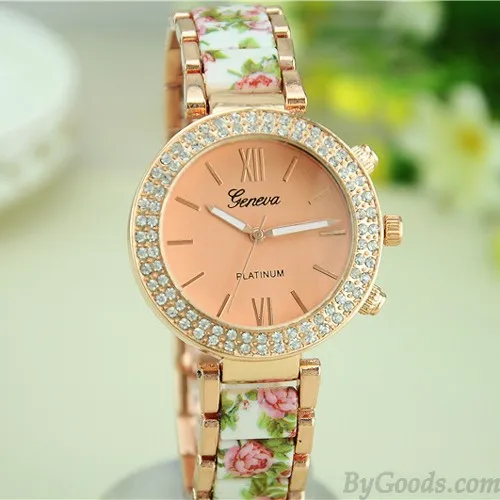 Vintage Noble Rhinestone Ceramic Metal Floral Watch