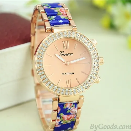 Vintage Noble Rhinestone Ceramic Metal Floral Watch