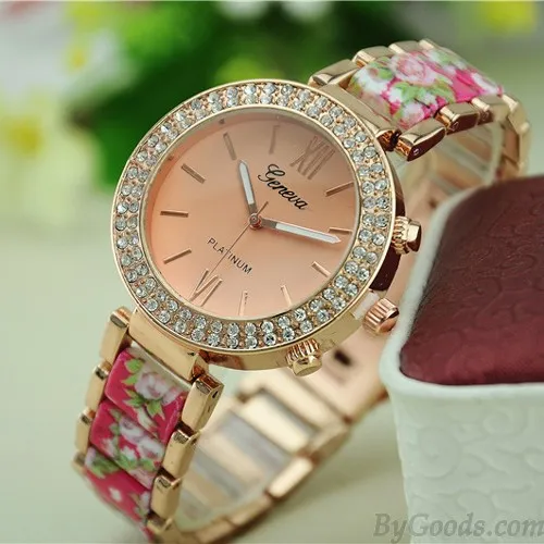 Vintage Noble Rhinestone Ceramic Metal Floral Watch