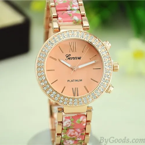 Vintage Noble Rhinestone Ceramic Metal Floral Watch